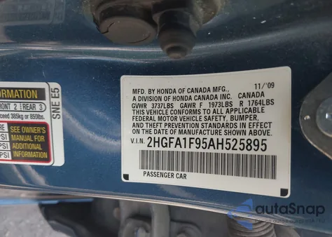 2010 Honda Civic Ex-L z USA, uszkodzony, nr VIN 2HGFA1F95AH525895